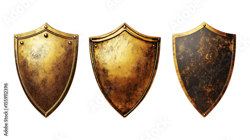 Pack Collection Three Golden Medieval Shields Game Assets Texture Design Elements set against transparent background