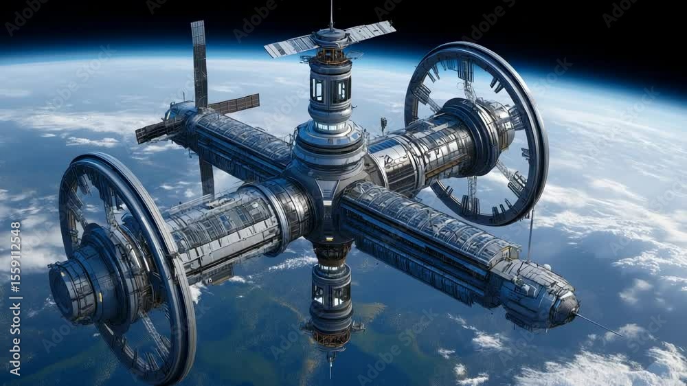 Sci fi space station over art astronomy space exploration
