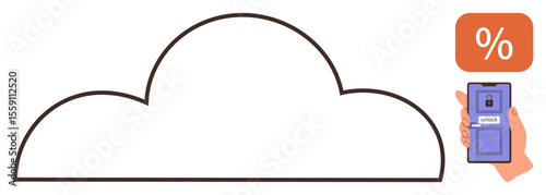 Large cloud outline with a hand holding a smartphone featuring a digital wallet and an orange discount sign. Ideal for cloud storage, technology, online payments, fintech, discounts, remote services