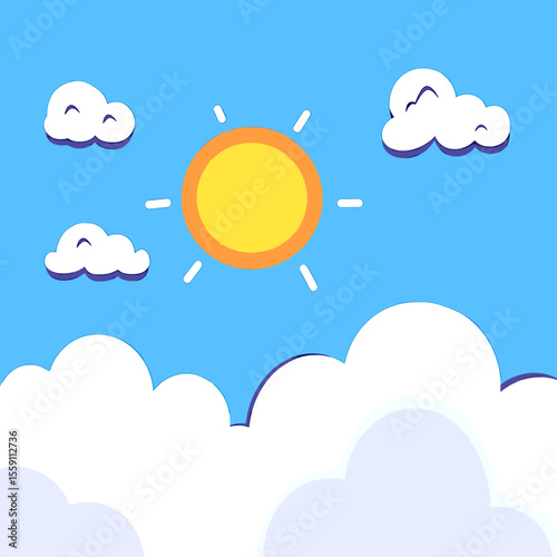 Cartoon Sky with Stylized Sun and Fluffy White Clouds on Light Blue
