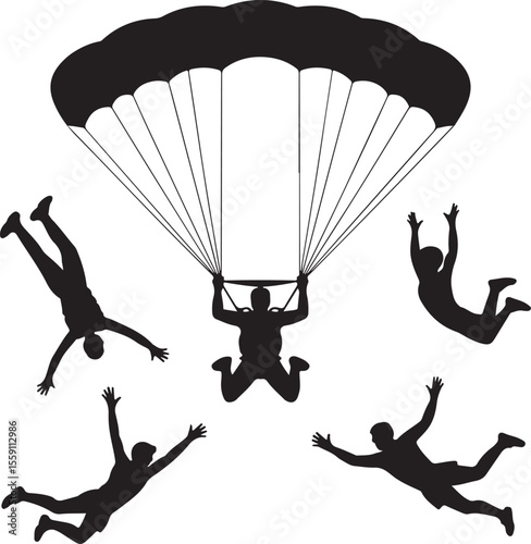 Parachuting Silhouette Clipart – Skydiver and Parachute SVG Bundle

Skydiving Action Silhouettes – Freefall and Parachute Vector Art

Extreme Sport Silhouette Set – Parachuting and Skydiving Designs

