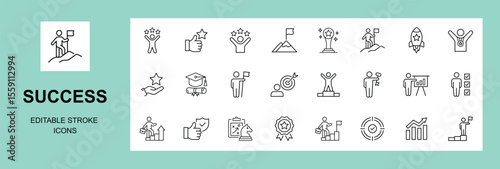 Success icon set. Successful business development linear icon collection. Containing achievement, successful, strategy, winner, teamwork, goal, brainstorm. Editable stroke