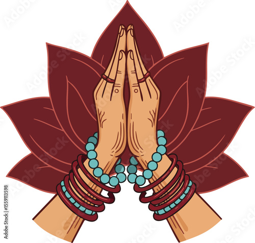 Hands in Namaste Gesture with Beaded Bracelets and Red Lotus Background Vector Illustration for Spiritual and Cultural Symbolism