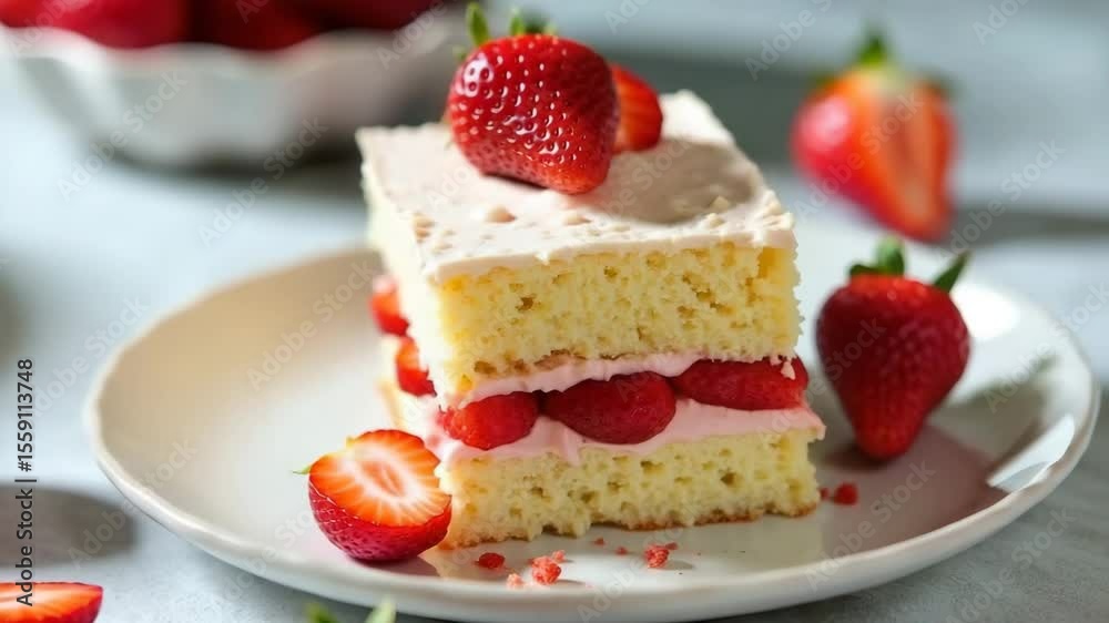 A slice of strawberry cake on a white plate. The cake has layers of sponge and cream, topped with fresh strawberries. Soft lighting enhances the dessert's appeal.