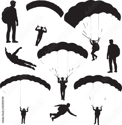Parachuting Silhouette Clipart – Skydiver and Parachute SVG Bundle

Skydiving Action Silhouettes – Freefall and Parachute Vector Art

Extreme Sport Silhouette Set – Parachuting and Skydiving Designs

