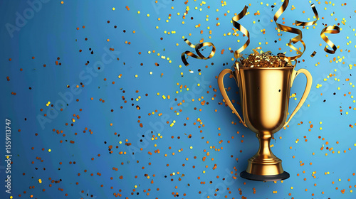 Golden trophy cup celebrating victory on a blue background with falling confetti.

