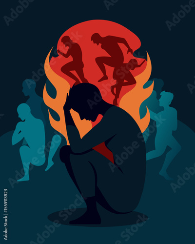 In the dimly lit silhouette a lone figure is seen grappling with their own thoughts and doubts depicting an internal battle for selfacceptance.. Vector illustration