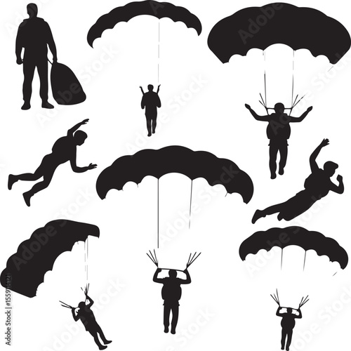 Parachuting Silhouette Clipart – Skydiver and Parachute SVG Bundle

Skydiving Action Silhouettes – Freefall and Parachute Vector Art

Extreme Sport Silhouette Set – Parachuting and Skydiving Designs

