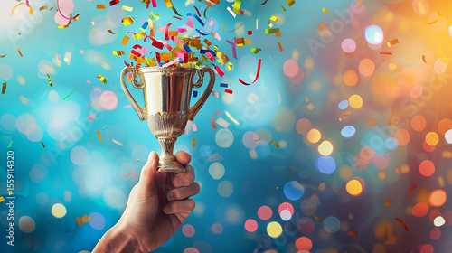 Hand Holding a Golden Trophy with a Confetti Celebration