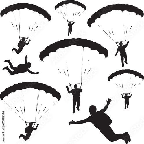 Parachuting Silhouette Clipart – Skydiver and Parachute SVG Bundle

Skydiving Action Silhouettes – Freefall and Parachute Vector Art

Extreme Sport Silhouette Set – Parachuting and Skydiving Designs

