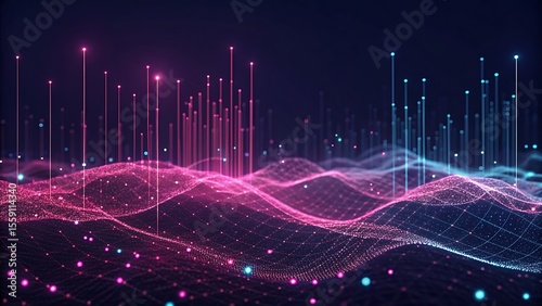 Futuristic Abstract Data Landscape with Glowing Pink and Purple Lines on Dark Background