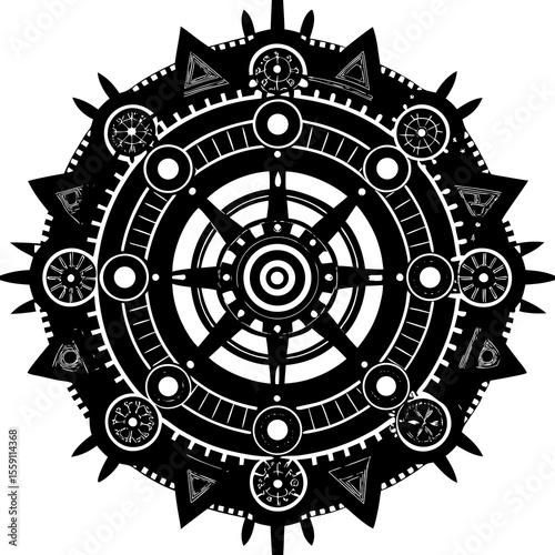 Vector art of a detailed geometric mandala pattern with circular and triangular elements isolated on white background