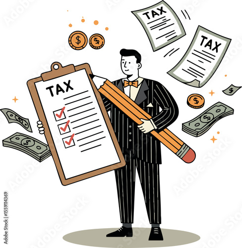 Tax checklist concept with businessman holding giant pencil and clipboard with tax forms and money flying around
