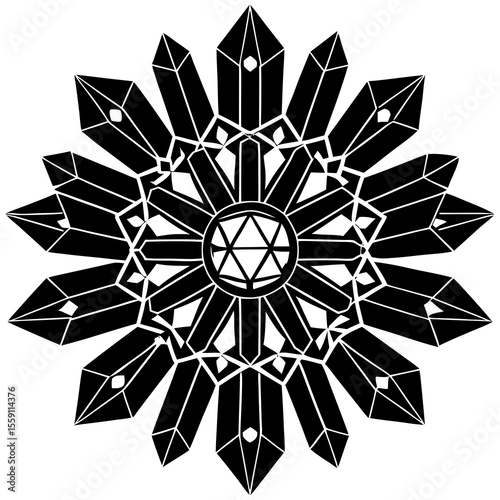 Vector art of a symmetrical mandala with crystal shapes radiates from the center, isolated on white background