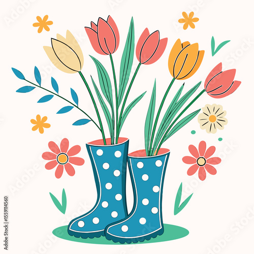 A Delightful Spring Scene with Tulips in Polka Dot Rain Boots