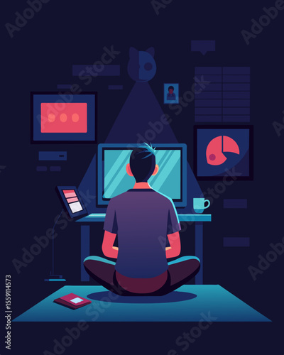 In a dark room a person sits alone with a screen in front of them scrolling through a neverending feed of triggering and emotionally manipulative content.. Vector illustration