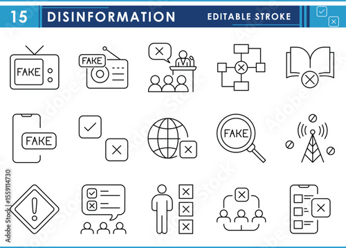 A set of line icons related to Disinformation. Fake news, speech, network, book, smartphone, and so on. Vector editable stroke.