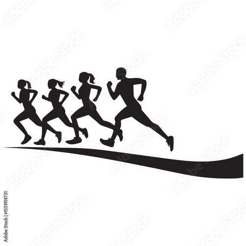 Diverse group of people running together as a team in a silhouette style