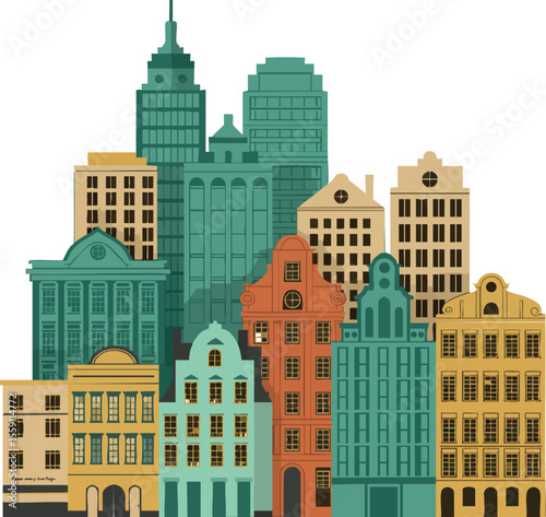 Colorful vintage cityscape with historic and modern buildings in vector style urban architecture design