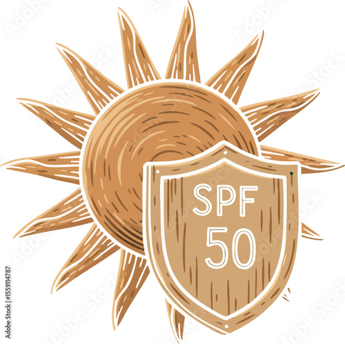 Sun protection shield with SPF 50 icon vector illustration for skincare and sun safety concepts in natural brown tones