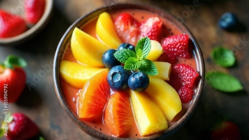 A vibrant fruit salad in a brown bowl. The salad includes sliced peaches, strawberries, blueberries, and orange segments, garnished with mint leaves.