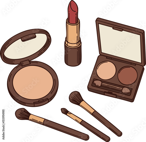 Makeup accessories set with lipstick powder blush and eyeshadow palette for beauty routines and cosmetic application