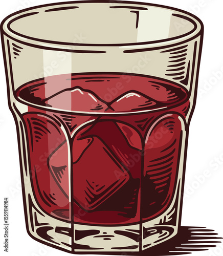 Glass of red drink with ice cubes hand drawn vintage style vector illustration for beverage design and bar menu ideas