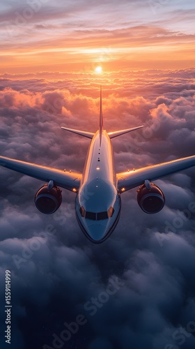 Commercial jet crosses golden glowing clouds in cinematic sky moment