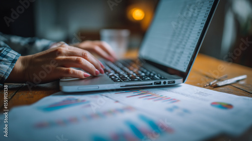 Person typing on a laptop with charts and graphs displayed on the screen and on the desk surface