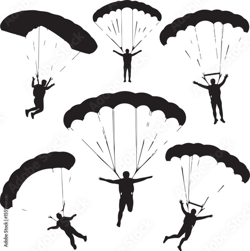 Parachuting Silhouette Clipart – Skydiver and Parachute SVG Bundle

Skydiving Action Silhouettes – Freefall and Parachute Vector Art

Extreme Sport Silhouette Set – Parachuting and Skydiving Designs

