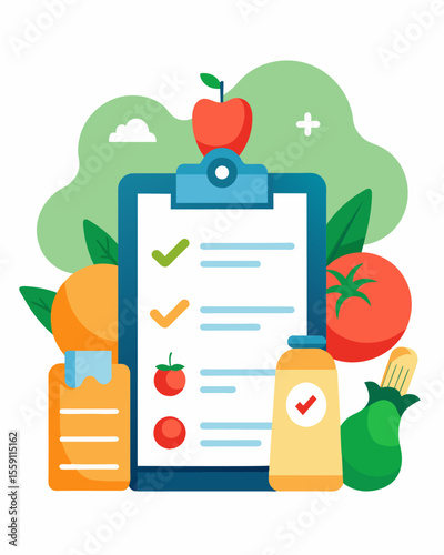 A meal planning service that helps consumers create customized grocery lists based on their dietary needs and habits to prevent overpurchasing and excess food waste.. Vector illustration
