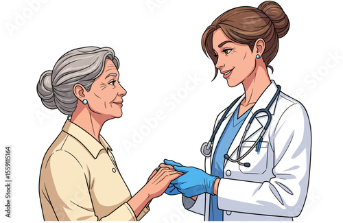 Emotional illustration of a young doctor providing support to an elderly woman during a consultation. Geriatric Doctor Offering Support to an Elderly Patient.