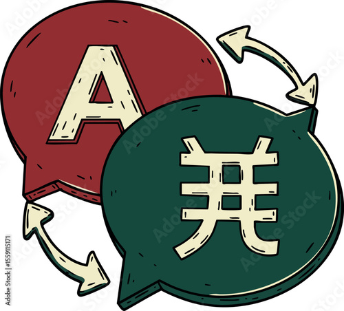 Language translation concept with English letter and Chinese character in speech bubbles showing communication exchange