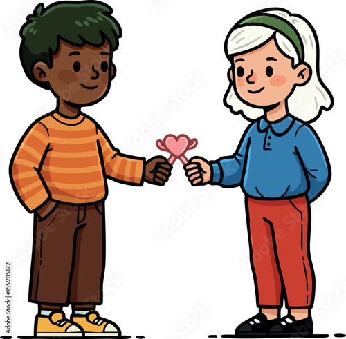Children exchanging heart symbol friendship and kindness vector illustration in casual clothes and warm colors