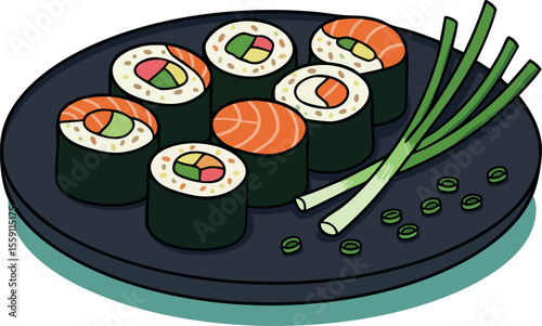Sushi plate with fresh salmon rolls and green onions served on black round dish vector illustration