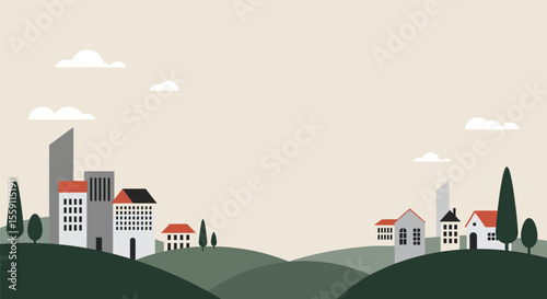 Minimalist Cityscape with Hills Buildings and Trees in a Flat Design Style