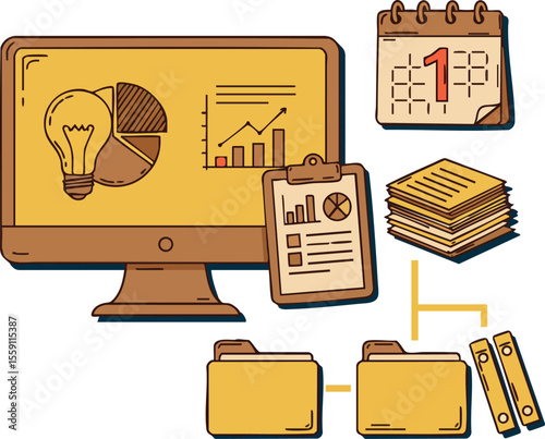 Business productivity concept with computer screen calendar documents folders charts and reports vector illustration