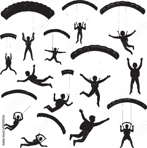 Parachuting Silhouette Clipart – Skydiver and Parachute SVG Bundle

Skydiving Action Silhouettes – Freefall and Parachute Vector Art

Extreme Sport Silhouette Set – Parachuting and Skydiving Designs

