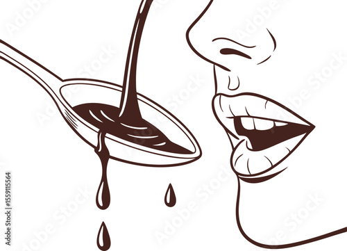 Brown Liquid Chocolate from Spoon into Open Mouth Line Art Illustration vector