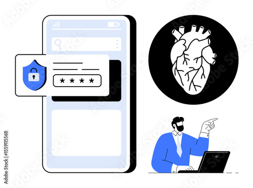 Mobile app with shield and password fields, human heart graphic, professional at laptop. Ideal for cybersecurity, healthcare, technology, innovation, medical research, online safety workplace