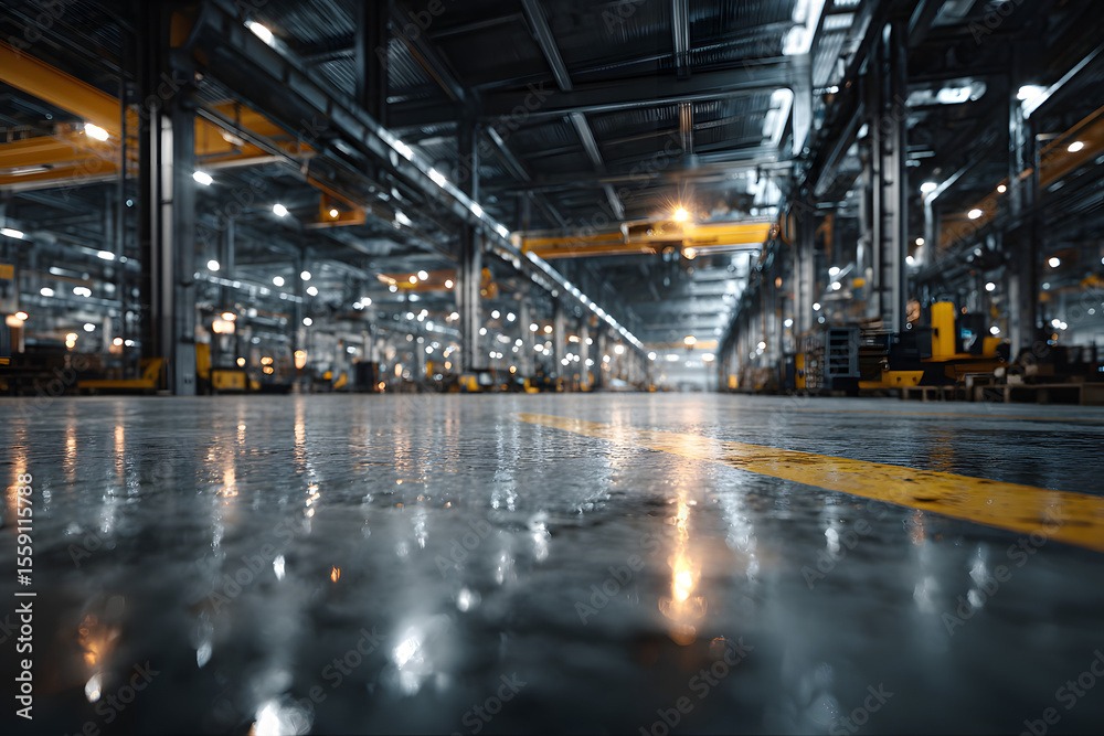 Fototapeta premium Modern factory interior with polished floor, machinery, and overhead cranes.