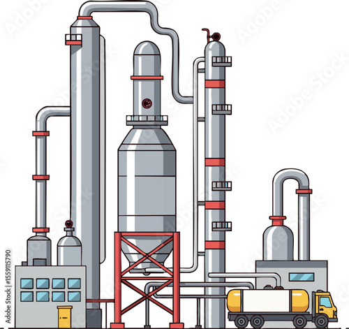 Industrial chemical plant with distillation towers and tanker truck delivering liquid fuel vector illustration