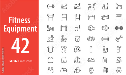 Fitness Equipment Line Icons, Dumbbell, Treadmill, Kettlebell, Yoga Mat, Resistance Band, Barbell, and More , Editable Formats: AI, EPS, JPG, PNG , Ideal for Both Digital and Print Use