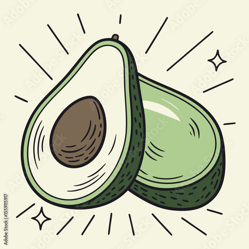 Fresh Ripe Green Avocado Fruit Halved Showing Seed and Whole Healthy Food