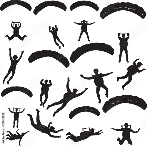 Parachuting Silhouette Clipart – Skydiver and Parachute SVG Bundle

Skydiving Action Silhouettes – Freefall and Parachute Vector Art

Extreme Sport Silhouette Set – Parachuting and Skydiving Designs

