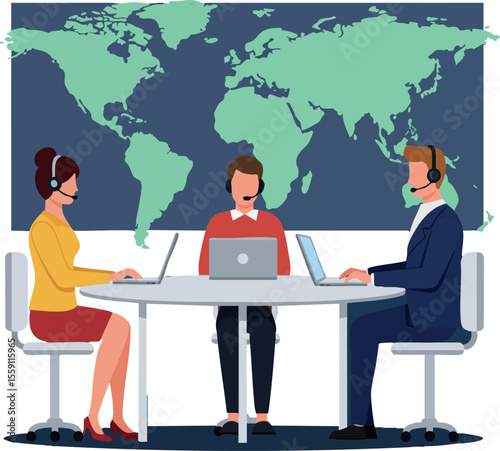Customer service team working remotely with laptops and headsets in office with world map background vector illustration