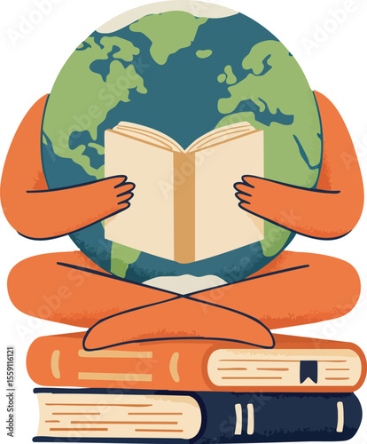 Earth globe character reading book sitting on stack of books learning knowledge education concept vector illustration