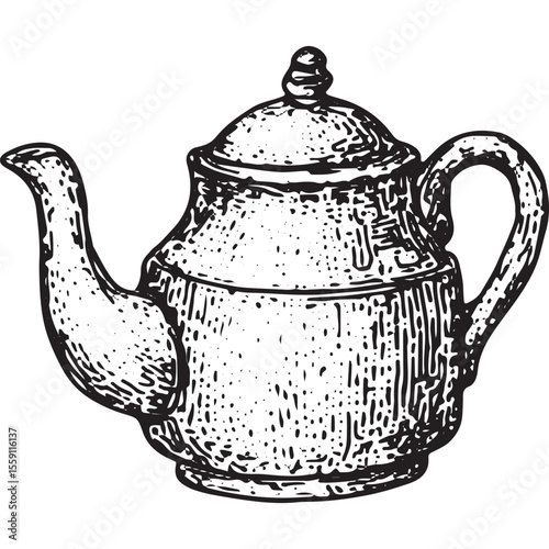 A hand-drawn black and white vintage teapot with textured finish, featuring a classic spout and handle design