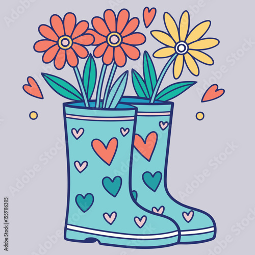 Cute cartoon wellington boots filled with cheerful spring flowers and hearts
