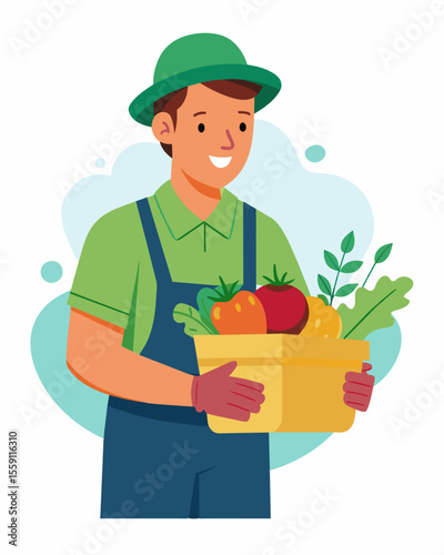 A local farmer donating a portion of his crop to a food rescue organization ensuring that perfectly good produce doesnt go to waste.. Vector illustration